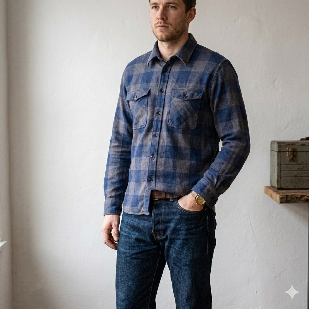 Pike Brothers 1937 Roamer Shirt Mens Large Blue Grey Plaid Flannel Button Up